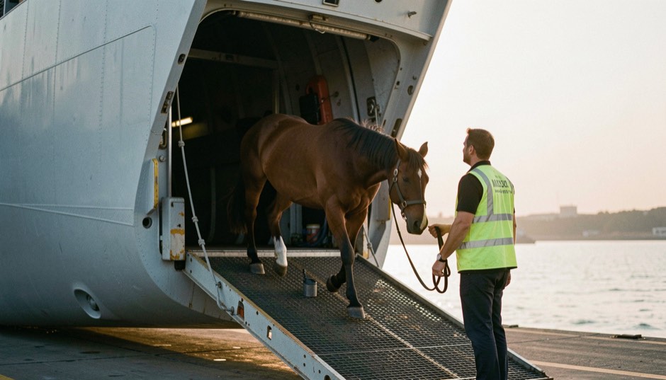 Loading ramp of a cargo freighter at dawn with a horse in a headcollar walking up into the hold, led by a groom in a high visibility vest