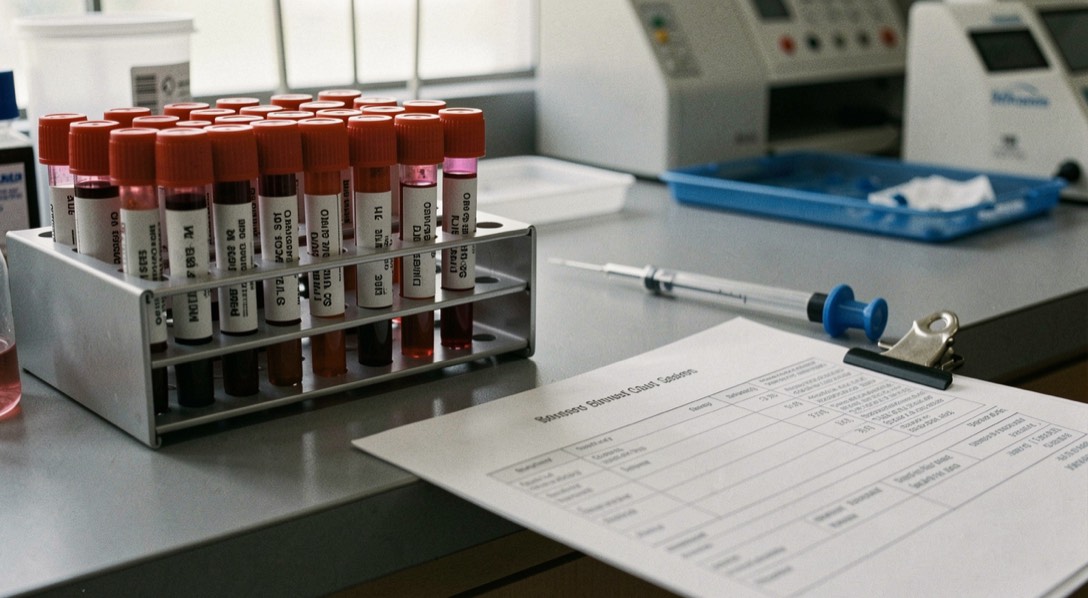 Veterinary laboratory bench with labelled blood sample tubes in a rack, a pipette and a printed results sheet clipped to the counter edge
