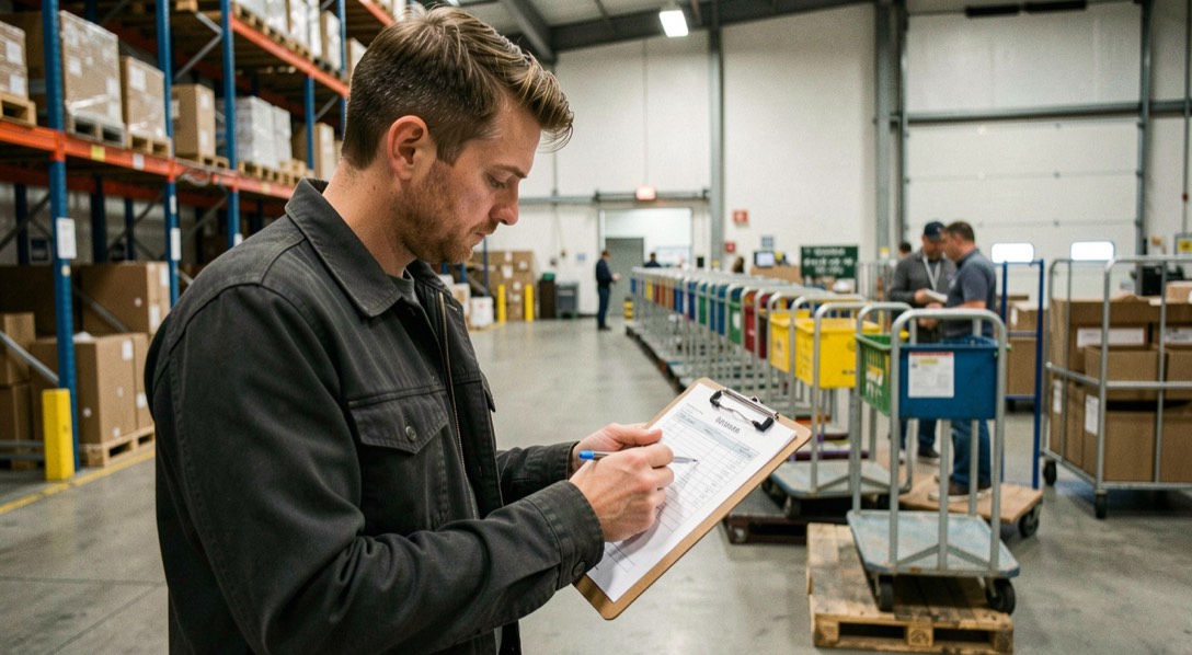 Ground agent in a cargo terminal checking a paper schedule on a clipboard beside a queue of pallet dollies, warehouse racking behind him