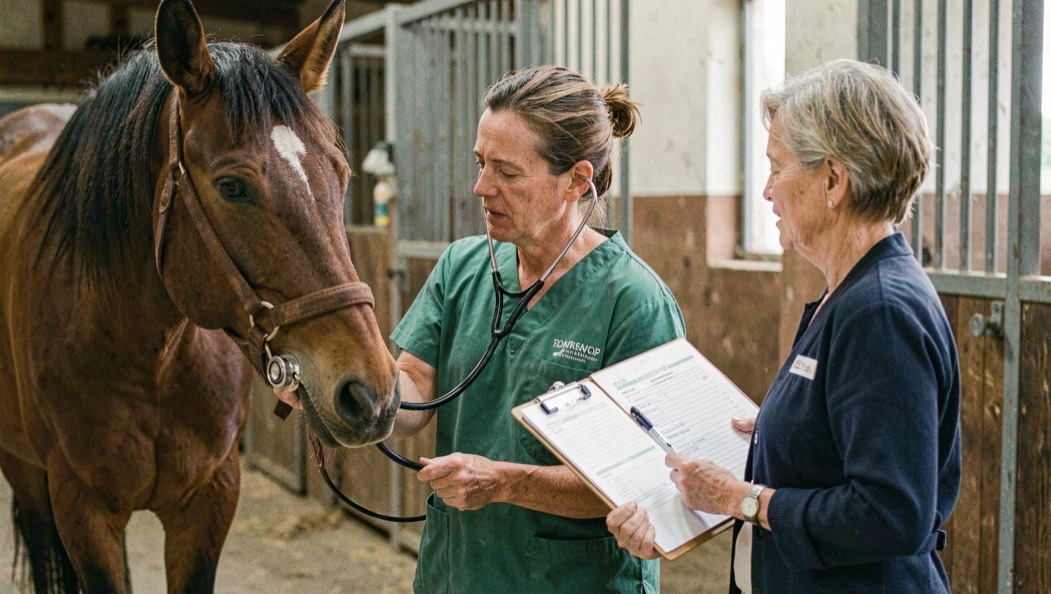 Veterinarian in green scrubs examining a horse with a stethoscope while a stable manager holds an official folder of forms on a clipboard
