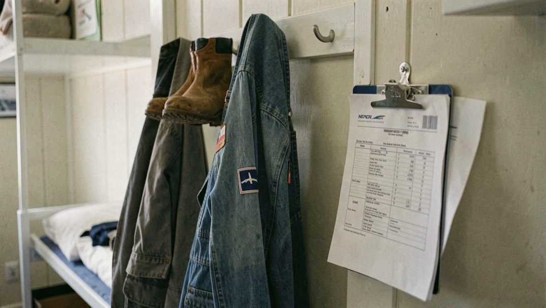 Airline overalls and boots hung beside a clipboard of flight documents in a crew rest area with a stable jacket on the same hook