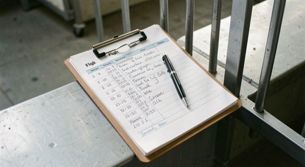 Handwritten flight log sheet on a clipboard with timed entries and a pen, resting on a metal ledge beside a stall partition
