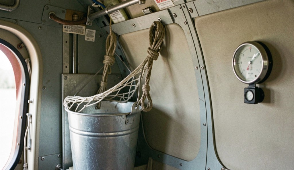 Nylon hay net tied at eye level inside an aircraft stall with a water bucket clipped to the partition and a thermometer gauge on the hold wall