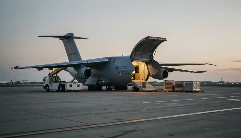 Freighter aircraft parked on a wide cargo apron at dusk with a high loader raised to its open side door and pallet dollies queued alongside