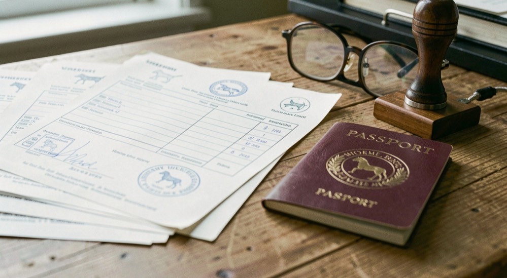 Official stamped veterinary forms fanned out on a wooden desk beside a horse passport, a rubber stamp and a pair of reading glasses