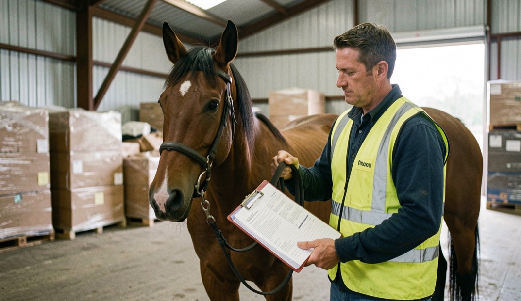Handler in a high visibility vest standing at the head of a horse inside a cargo terminal, holding a lead rope and a folder of documents