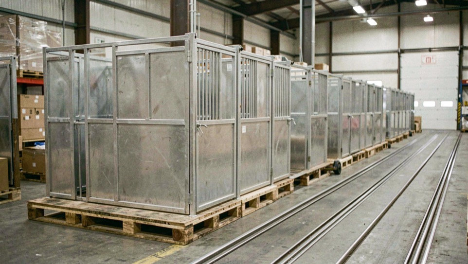 Row of empty aluminium horse stalls parked on pallet dollies in a cargo warehouse with roller floor tracks running past them