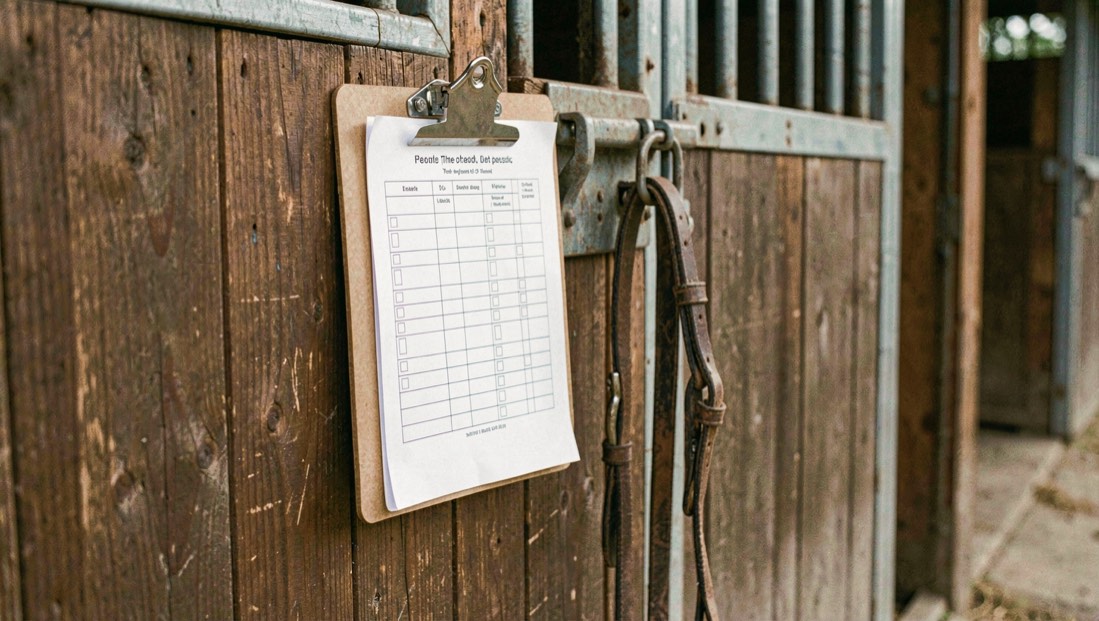 Printed checklist sheet on a clipboard hanging on the stable door of a loose box with a horse halter and lead rope looped over the latch