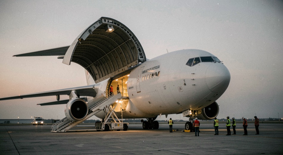 Freighter aircraft with its nose cargo door fully raised at dusk, loading ramp aligned with the main deck while ground crew stand clear