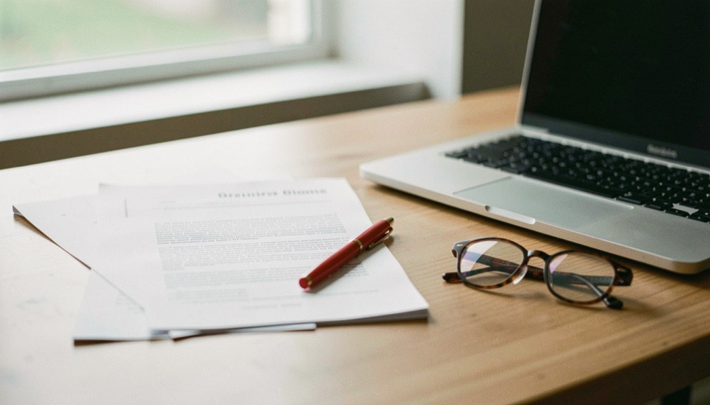 Editorial desk with a printed manuscript, a red pen and a pair of reading glasses beside a closed laptop in morning light