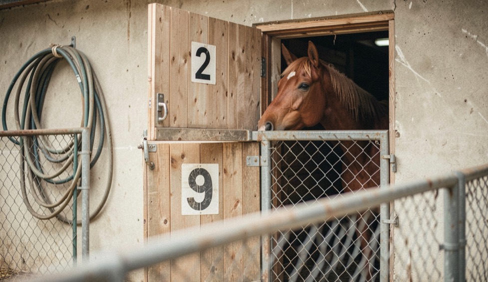 Horse looking over the half door of a numbered loose box inside a quarantine stable block, mesh fencing in front and a hose coiled on the wall