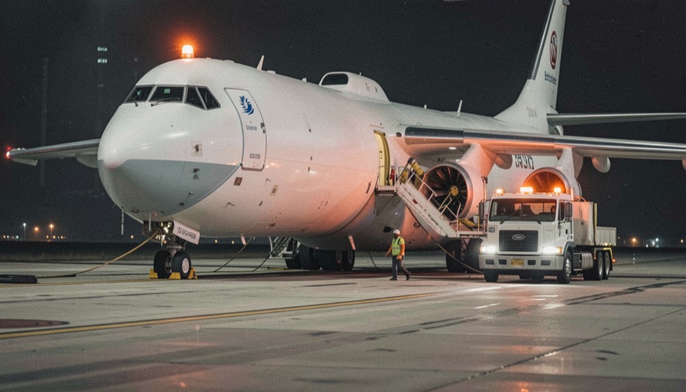 Freighter parked on a night ramp with refuelling truck connected to the wing, orange beacon lights on and a handler walking the length of the fuselage